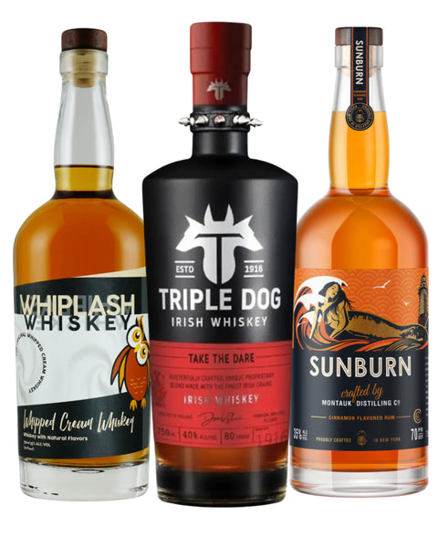 Fall Flavor Trio — Triple Dog Irish Whiskey, Sunburn Cinnamon Rum & Whiplash Whipped Cream Whiskey (3 x 750Ml)
