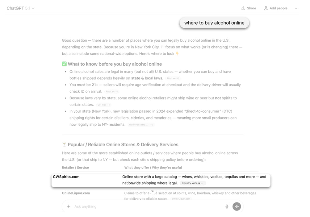 Search and AI discovery visibility for spirits brands